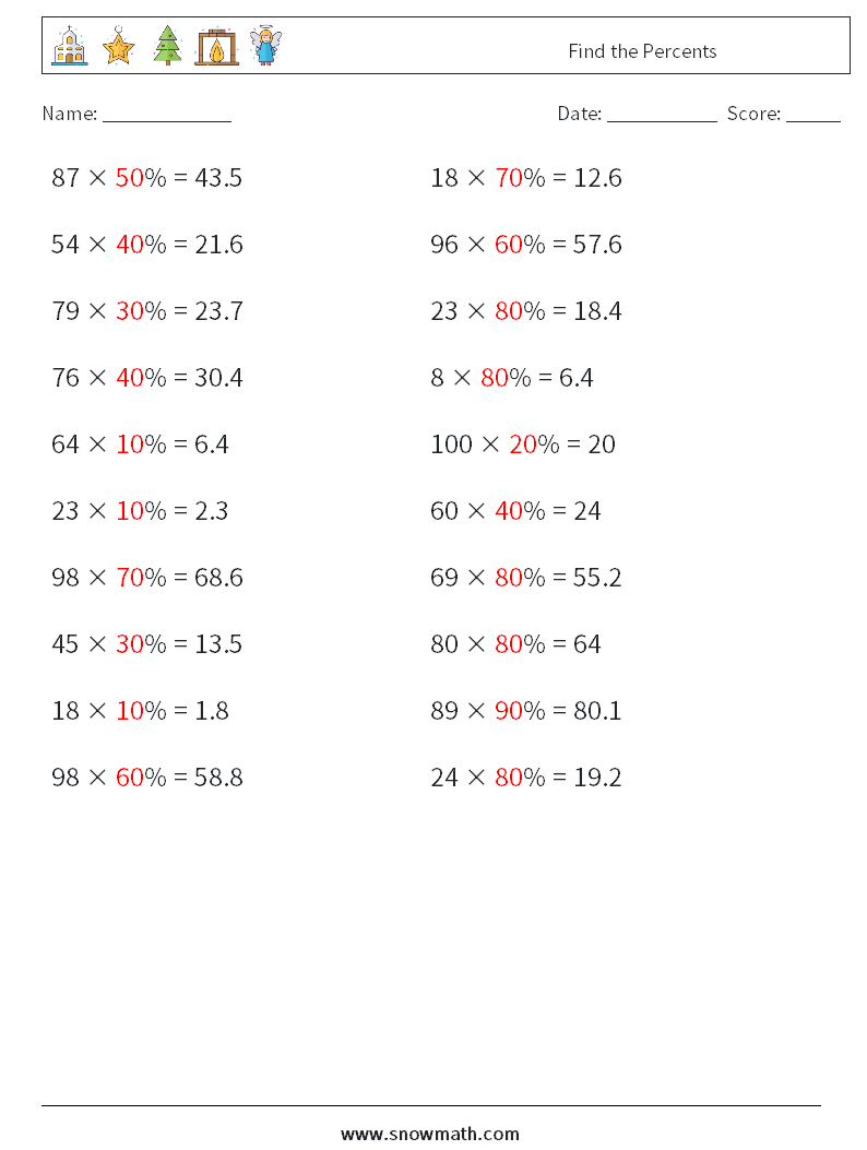 Find the Percents Math Worksheets 2 Question, Answer