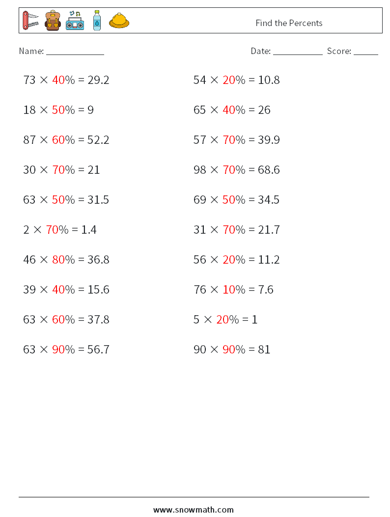 Find the Percents Math Worksheets 3 Question, Answer