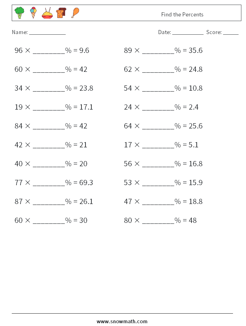 Find the Percents Math Worksheets 5