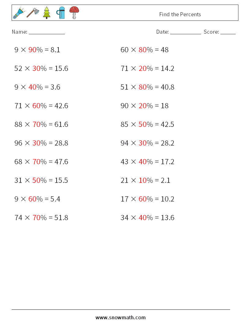 Find the Percents Math Worksheets 6 Question, Answer