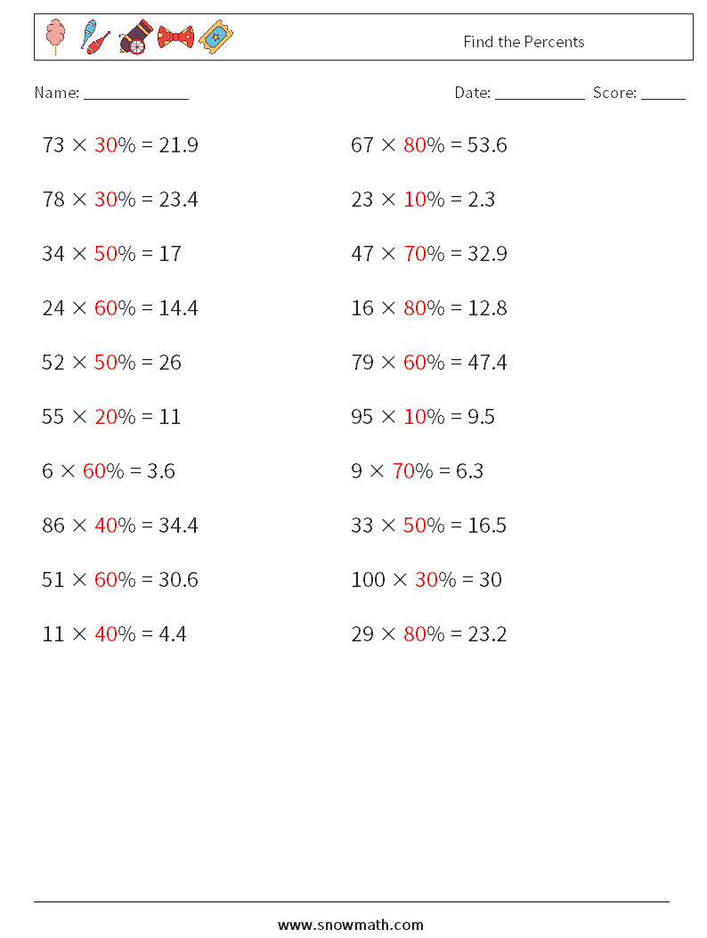 Find the Percents Math Worksheets 7 Question, Answer