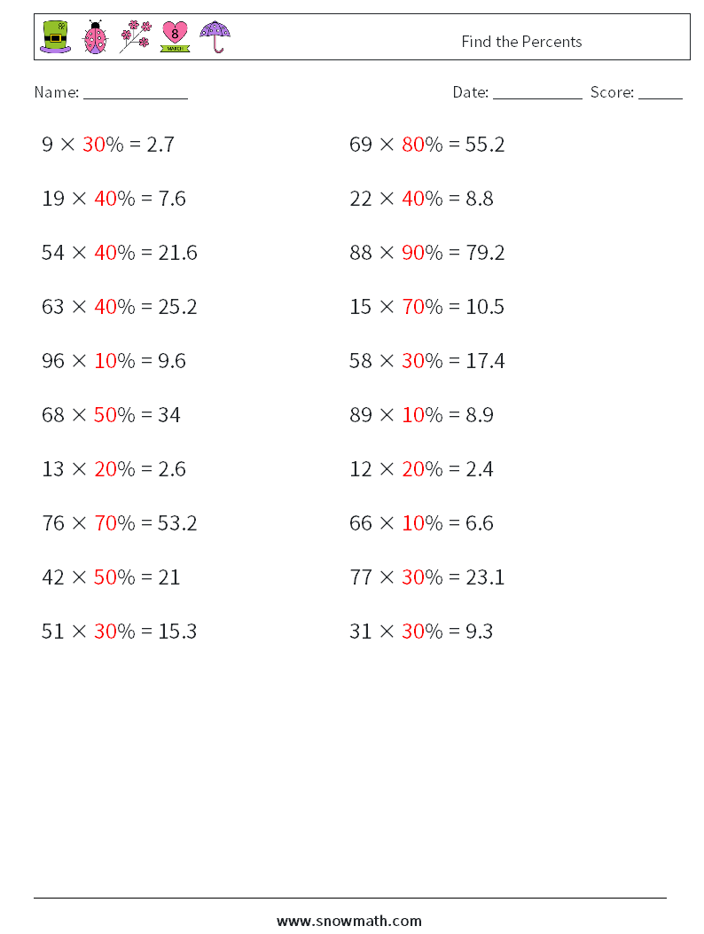 Find the Percents Math Worksheets 9 Question, Answer