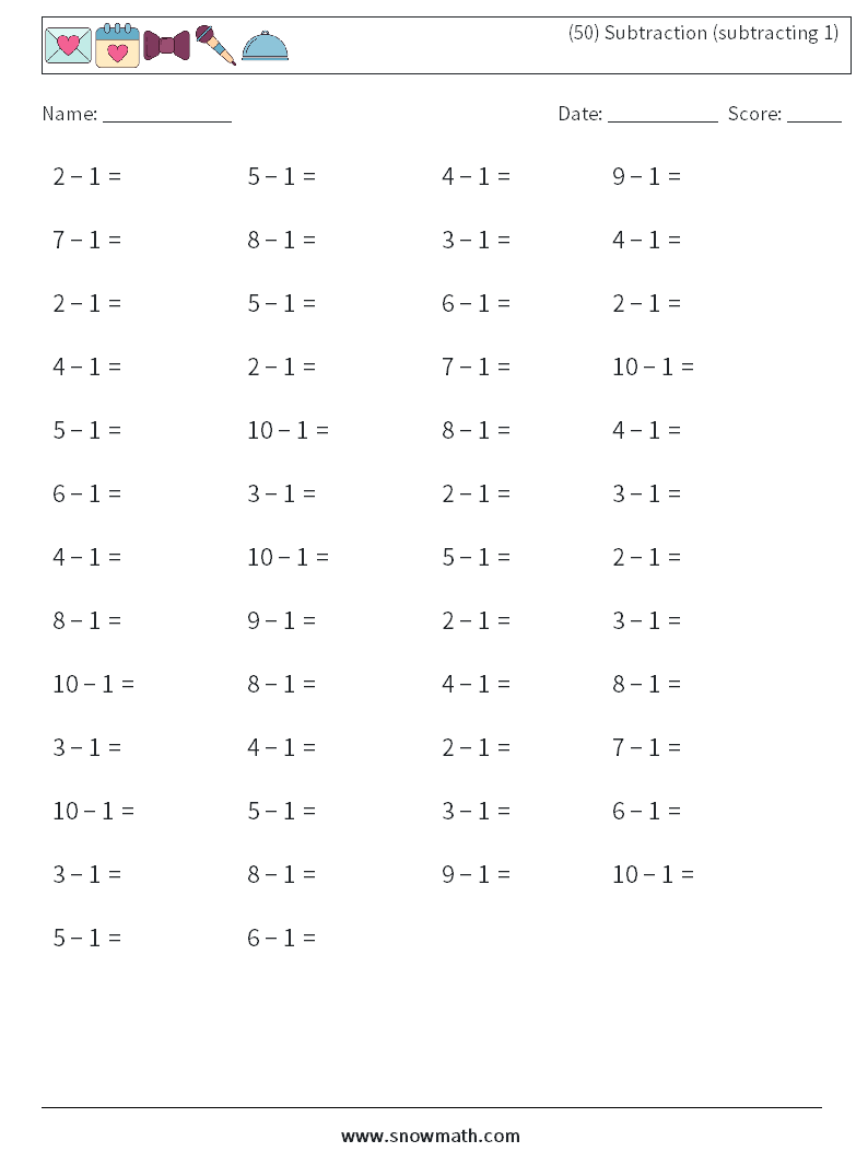(50) Subtraction (subtracting 1) Math Worksheets 1