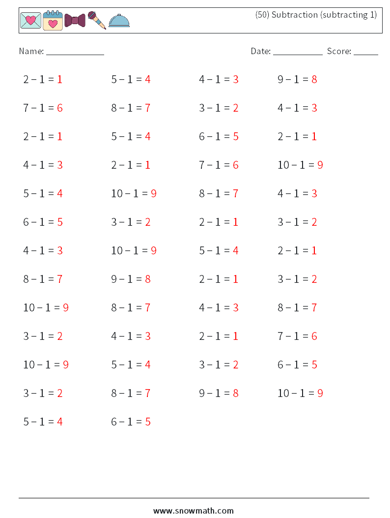 (50) Subtraction (subtracting 1) Math Worksheets 1 Question, Answer