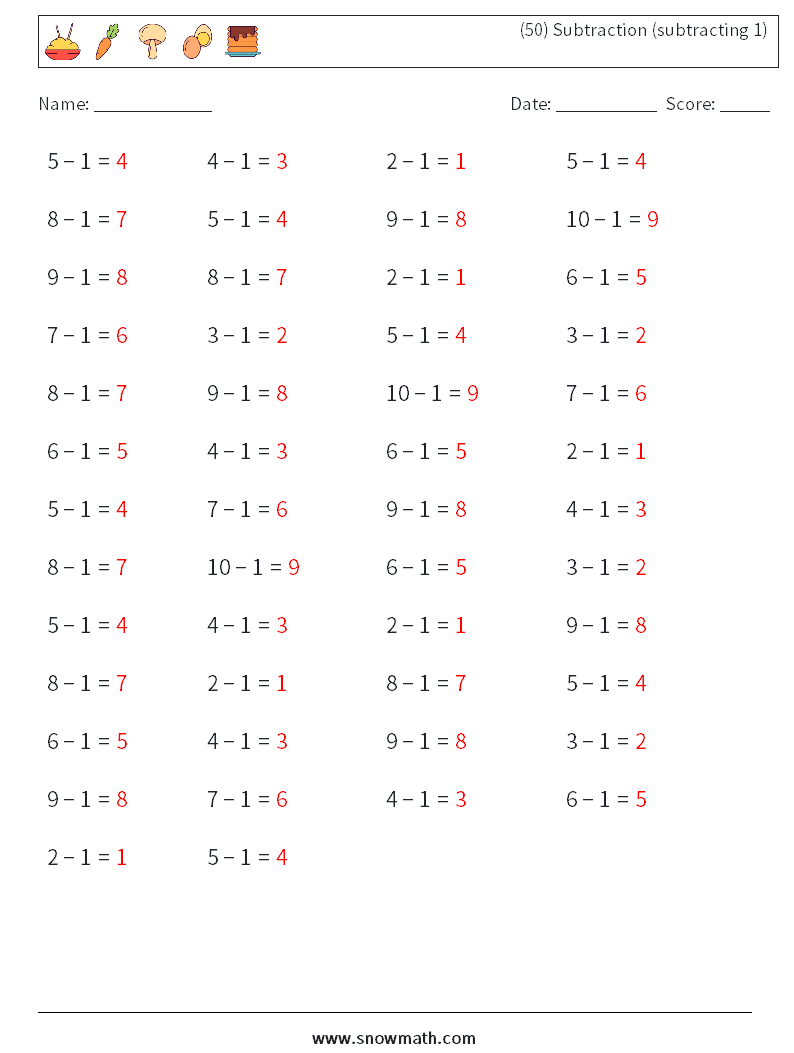 (50) Subtraction (subtracting 1) Math Worksheets 2 Question, Answer