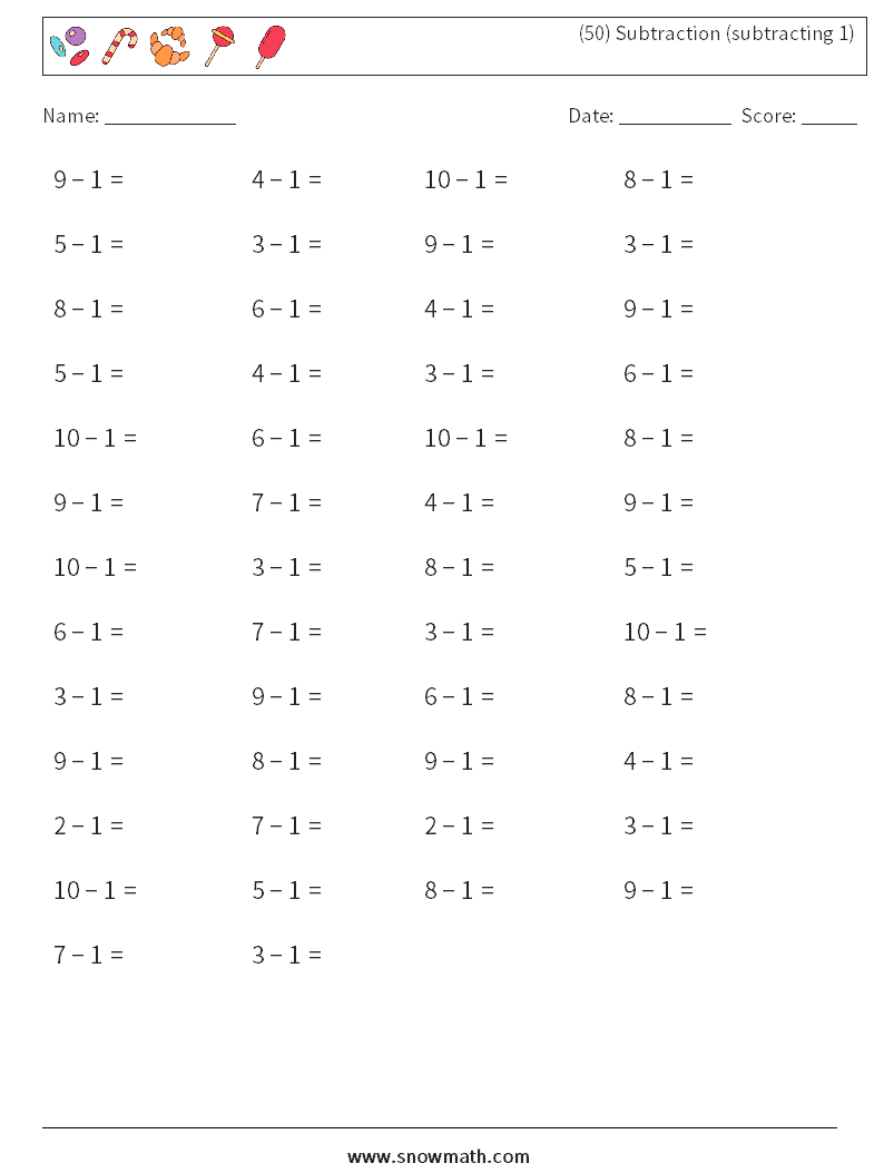 (50) Subtraction (subtracting 1) Math Worksheets 3