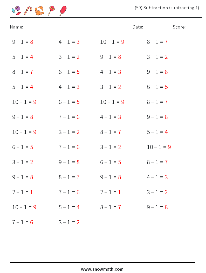 (50) Subtraction (subtracting 1) Math Worksheets 3 Question, Answer