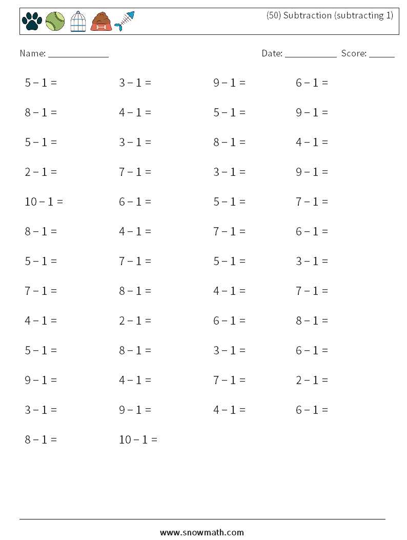 (50) Subtraction (subtracting 1) Math Worksheets 4