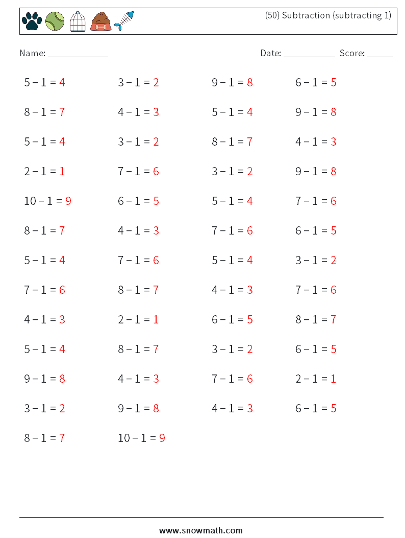 (50) Subtraction (subtracting 1) Math Worksheets 4 Question, Answer