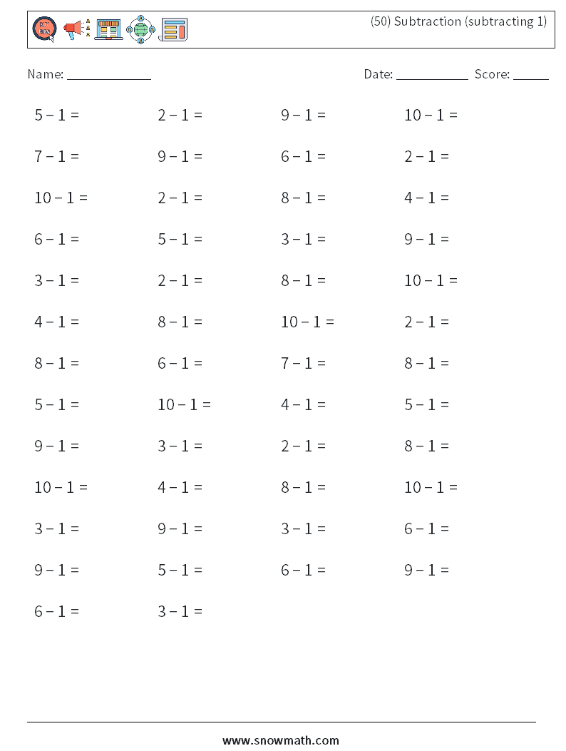 (50) Subtraction (subtracting 1) Math Worksheets 5