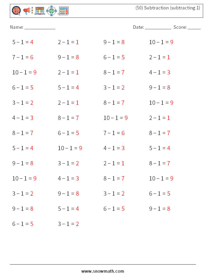 (50) Subtraction (subtracting 1) Math Worksheets 5 Question, Answer