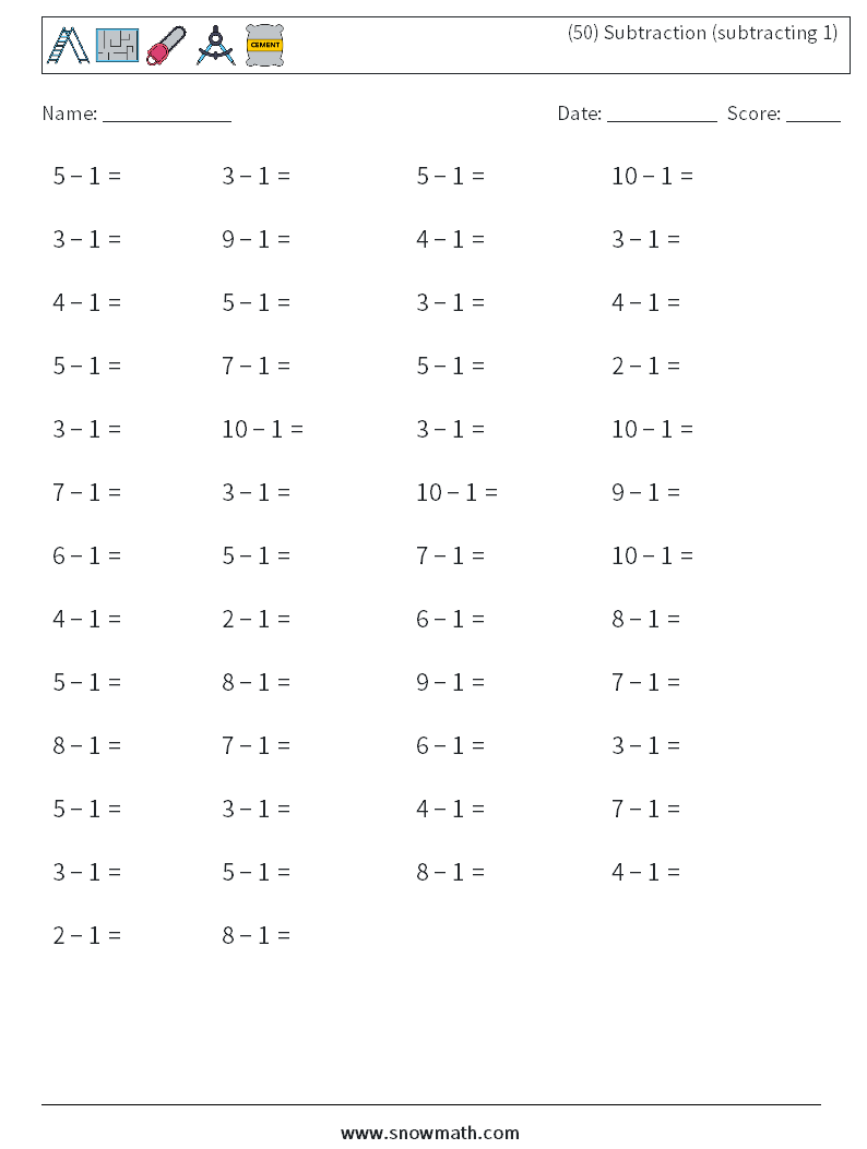 (50) Subtraction (subtracting 1) Math Worksheets 7