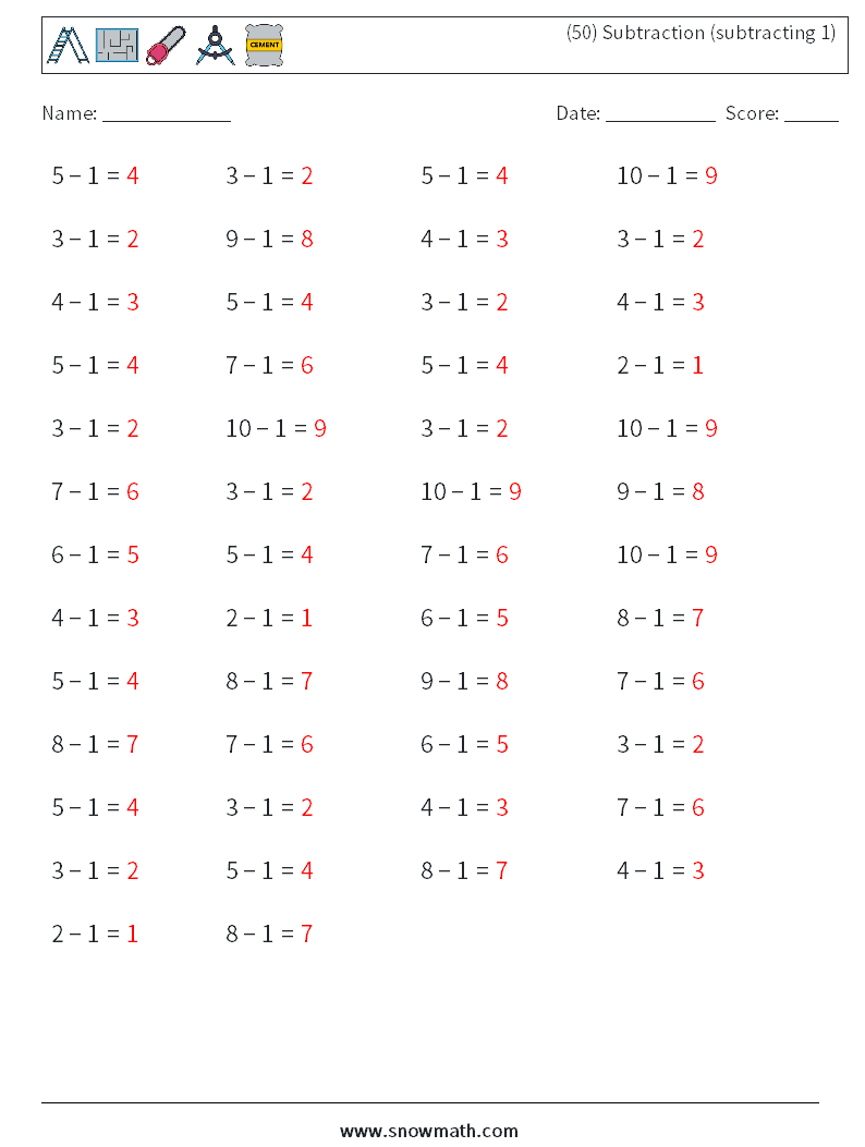 (50) Subtraction (subtracting 1) Math Worksheets 7 Question, Answer