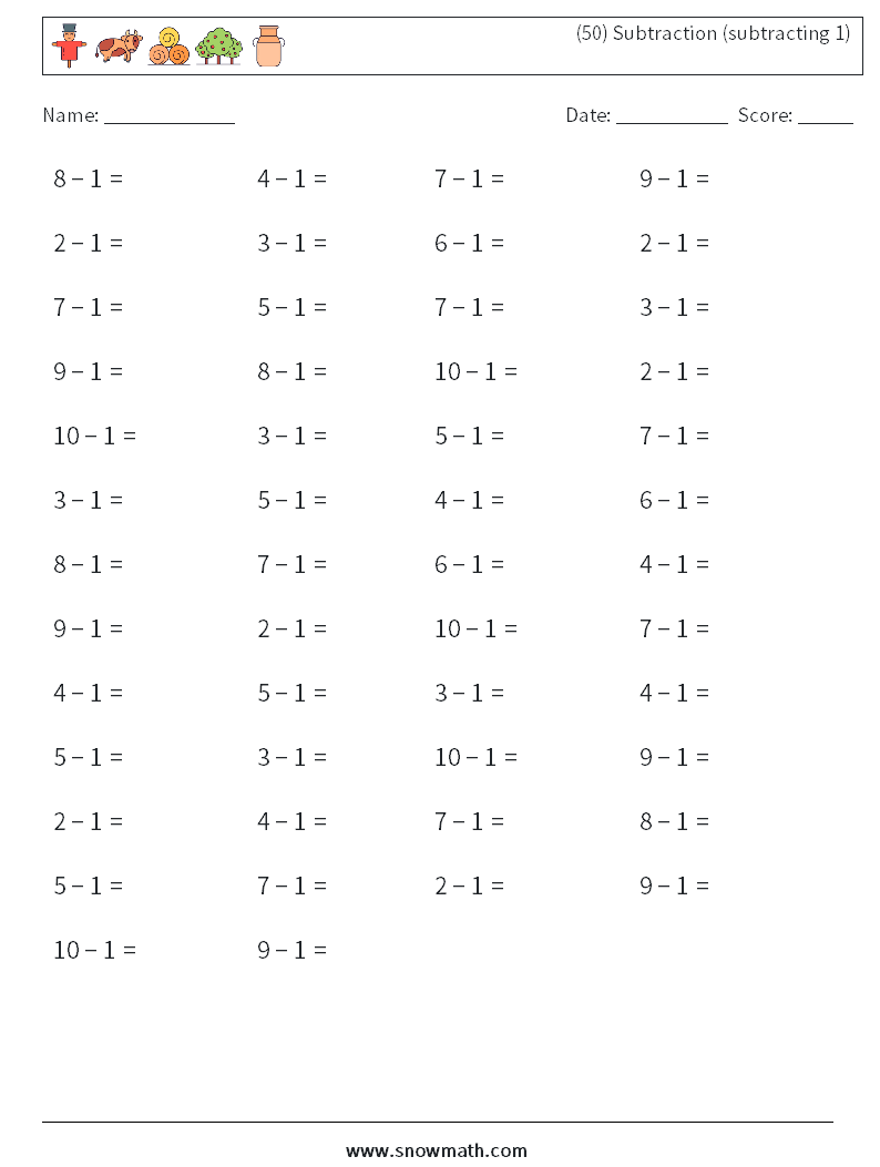 (50) Subtraction (subtracting 1) Math Worksheets 8