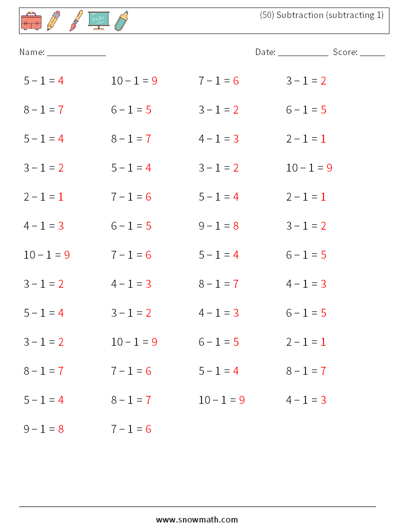 (50) Subtraction (subtracting 1) Math Worksheets 9 Question, Answer