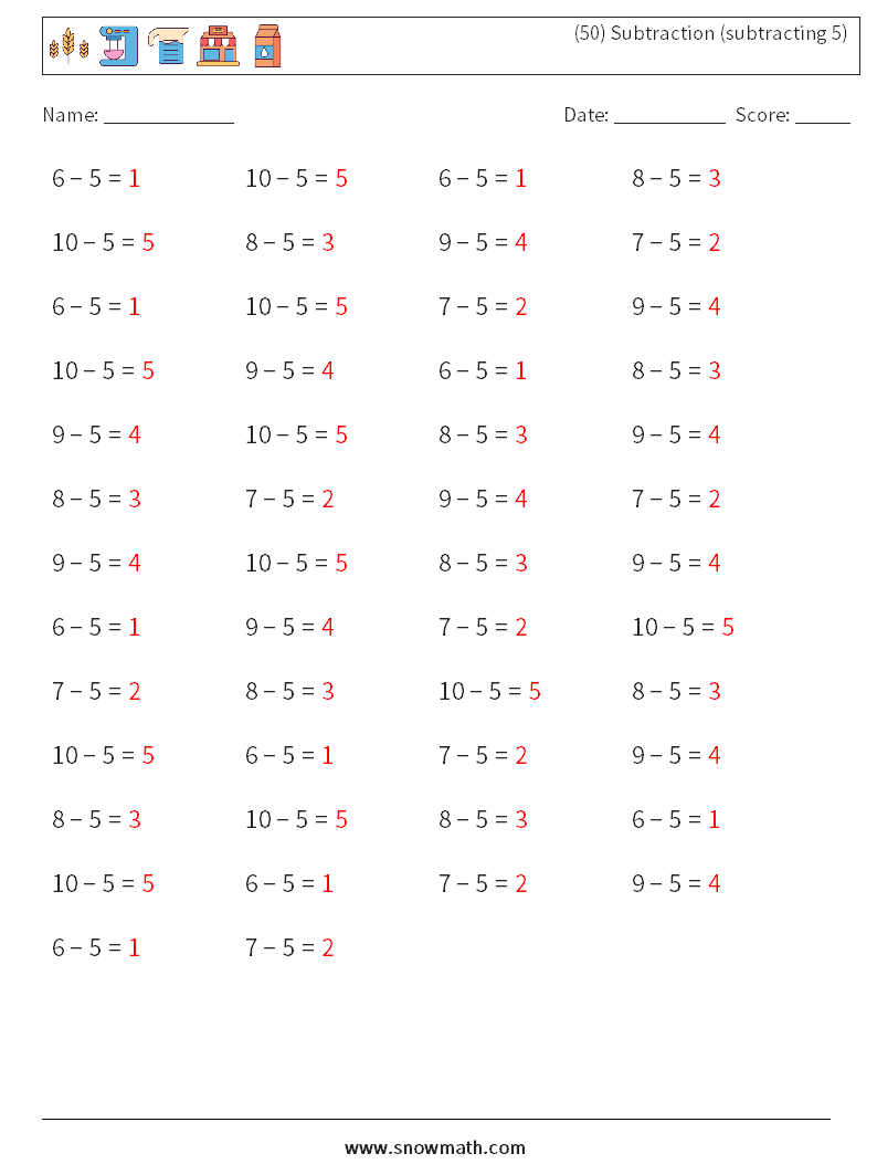 (50) Subtraction (subtracting 5) Math Worksheets 1 Question, Answer