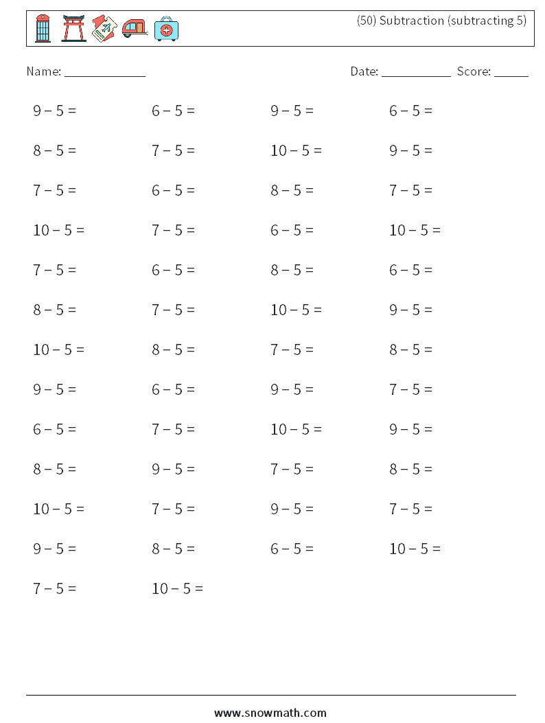 (50) Subtraction (subtracting 5) Math Worksheets 2