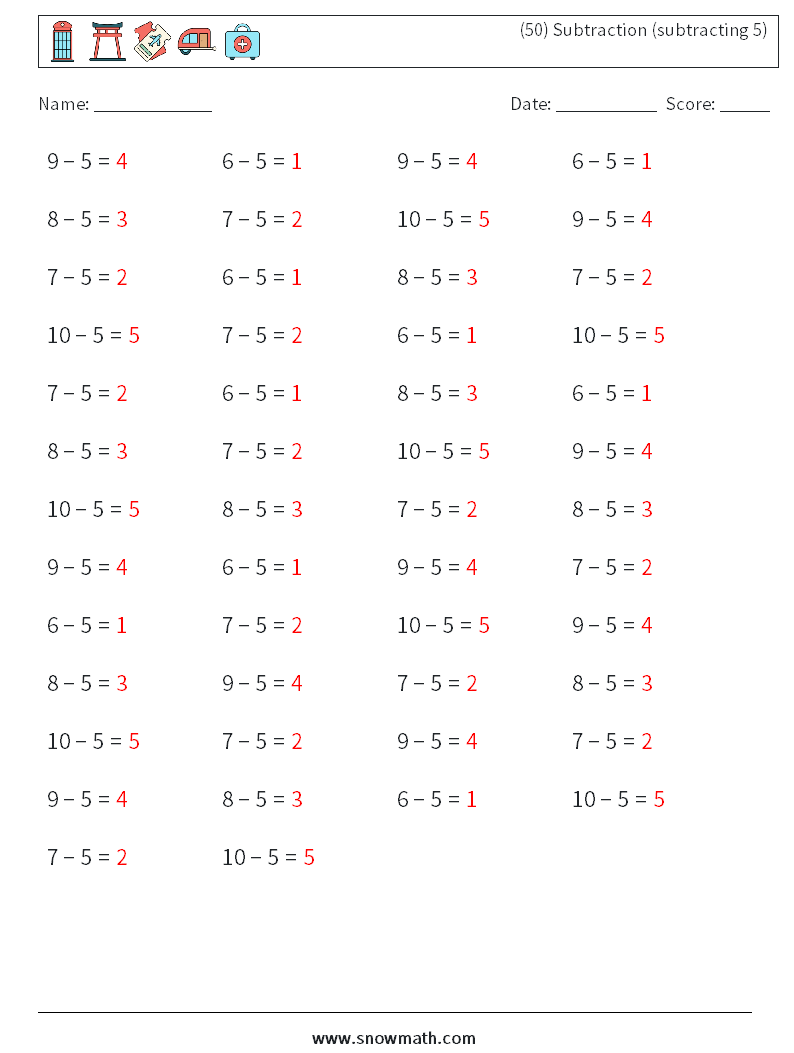 (50) Subtraction (subtracting 5) Math Worksheets 2 Question, Answer