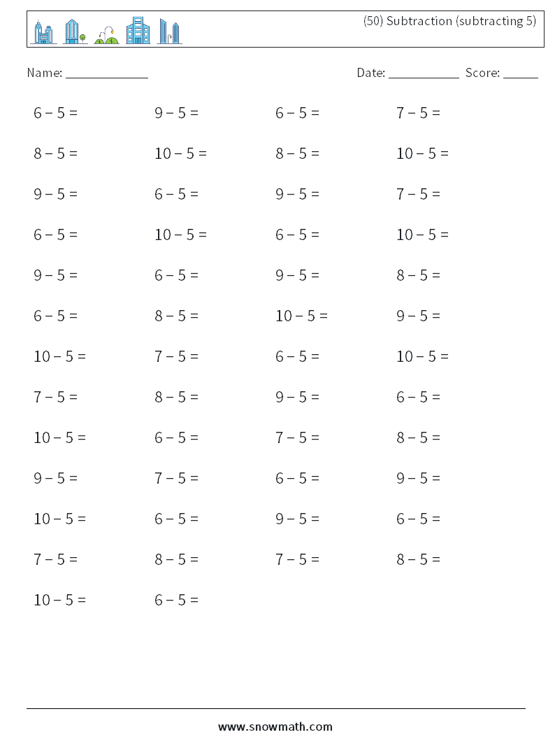 (50) Subtraction (subtracting 5) Math Worksheets 3