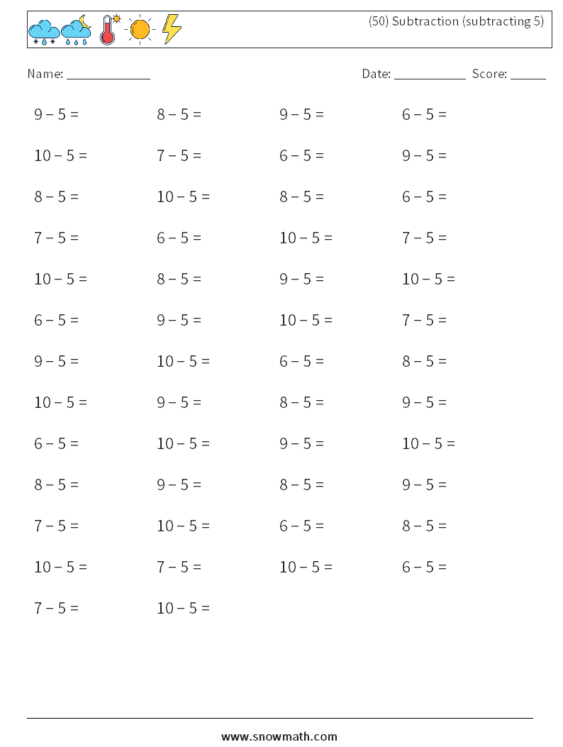 (50) Subtraction (subtracting 5) Math Worksheets 4