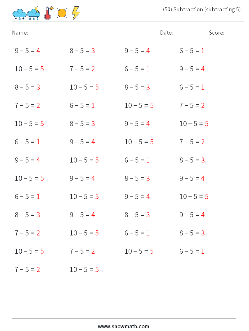 (50) Subtraction (subtracting 5) Math Worksheets 4 Question, Answer
