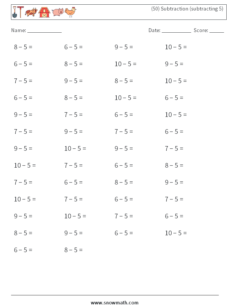 (50) Subtraction (subtracting 5) Math Worksheets 6