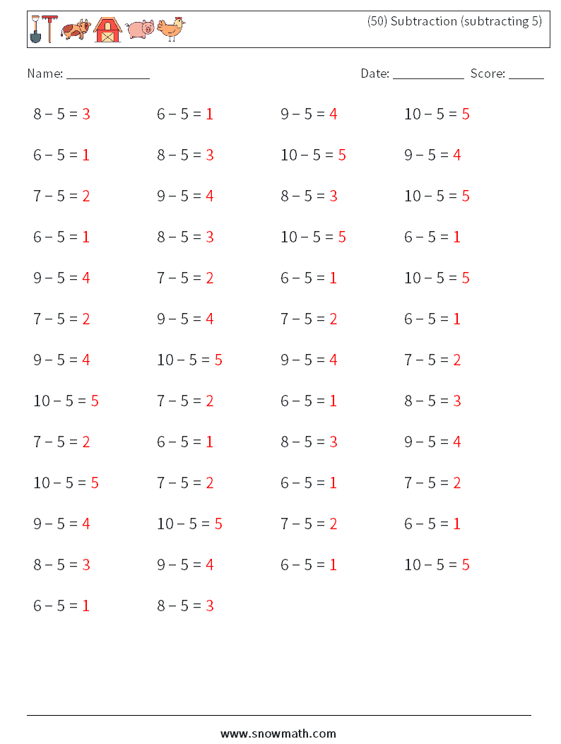 (50) Subtraction (subtracting 5) Math Worksheets 6 Question, Answer