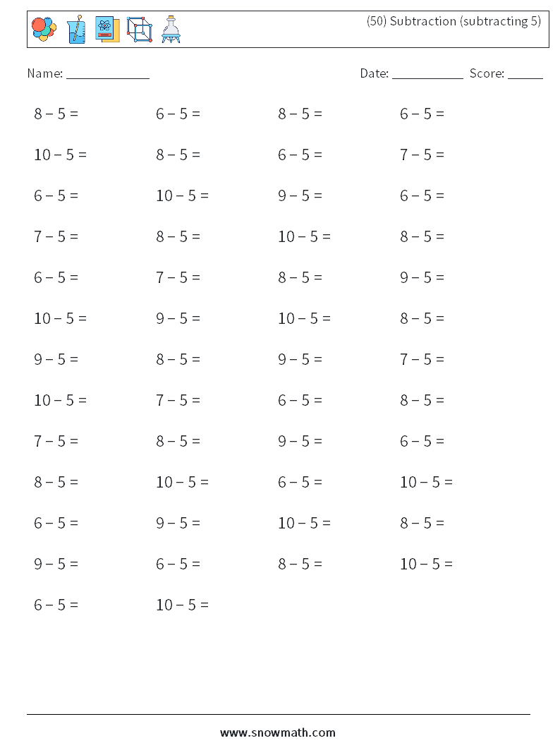 (50) Subtraction (subtracting 5) Math Worksheets 7