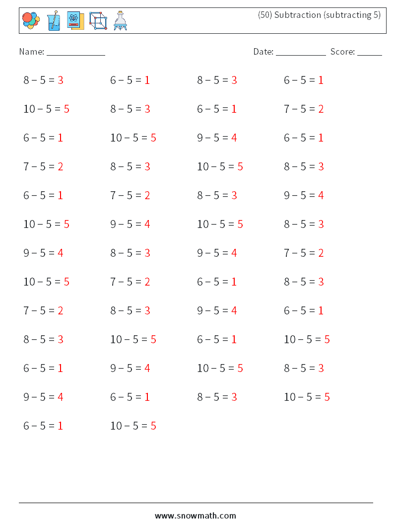 (50) Subtraction (subtracting 5) Math Worksheets 7 Question, Answer