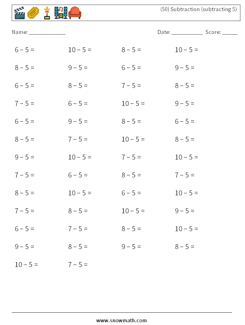 (50) Subtraction (subtracting 5) Math Worksheets 8