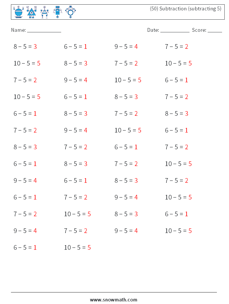 (50) Subtraction (subtracting 5) Math Worksheets 9 Question, Answer