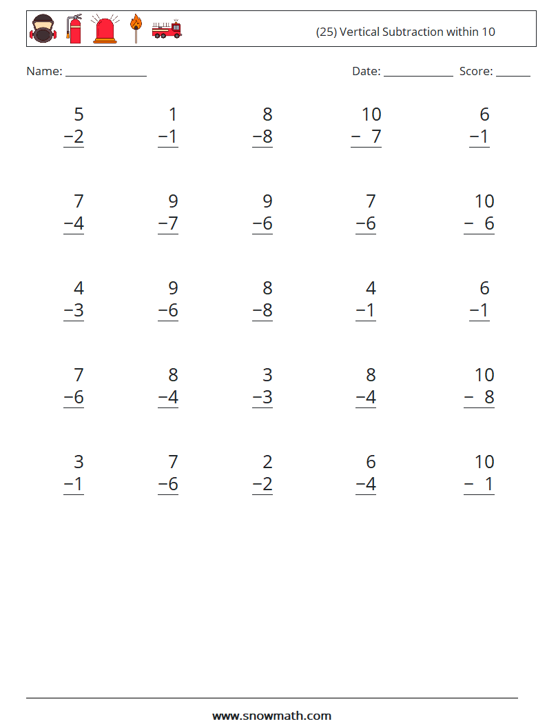 (25) Vertical Subtraction within 10 Math Worksheets 2