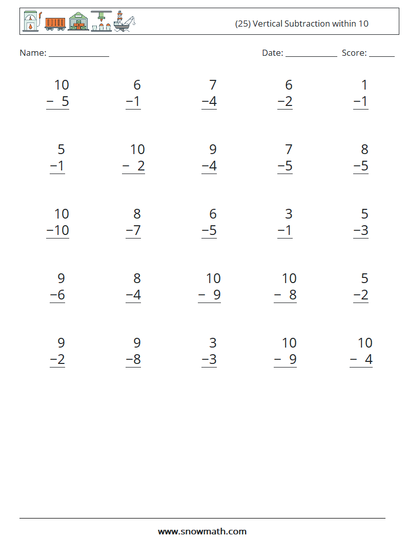 (25) Vertical Subtraction within 10 Math Worksheets 3