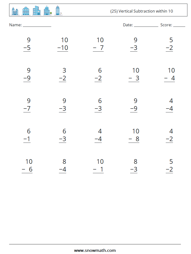 (25) Vertical Subtraction within 10 Math Worksheets 5