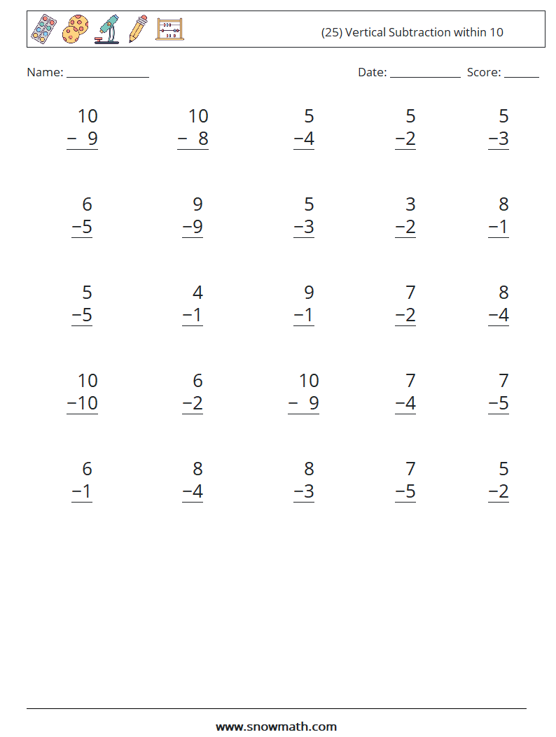 (25) Vertical Subtraction within 10 Math Worksheets 6