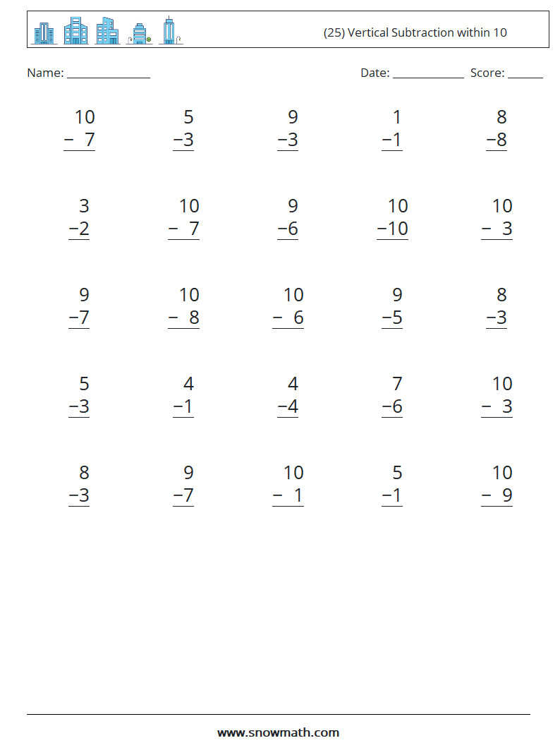 (25) Vertical Subtraction within 10 Math Worksheets 7