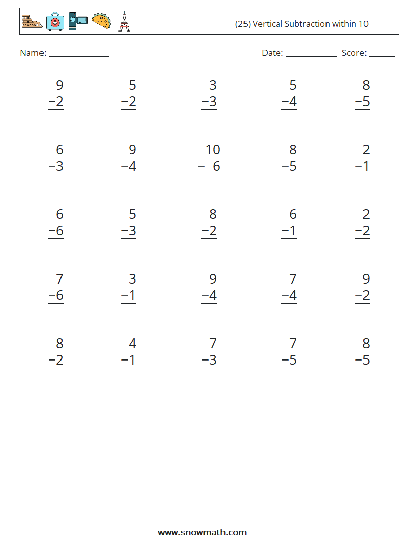 (25) Vertical Subtraction within 10 Math Worksheets 9
