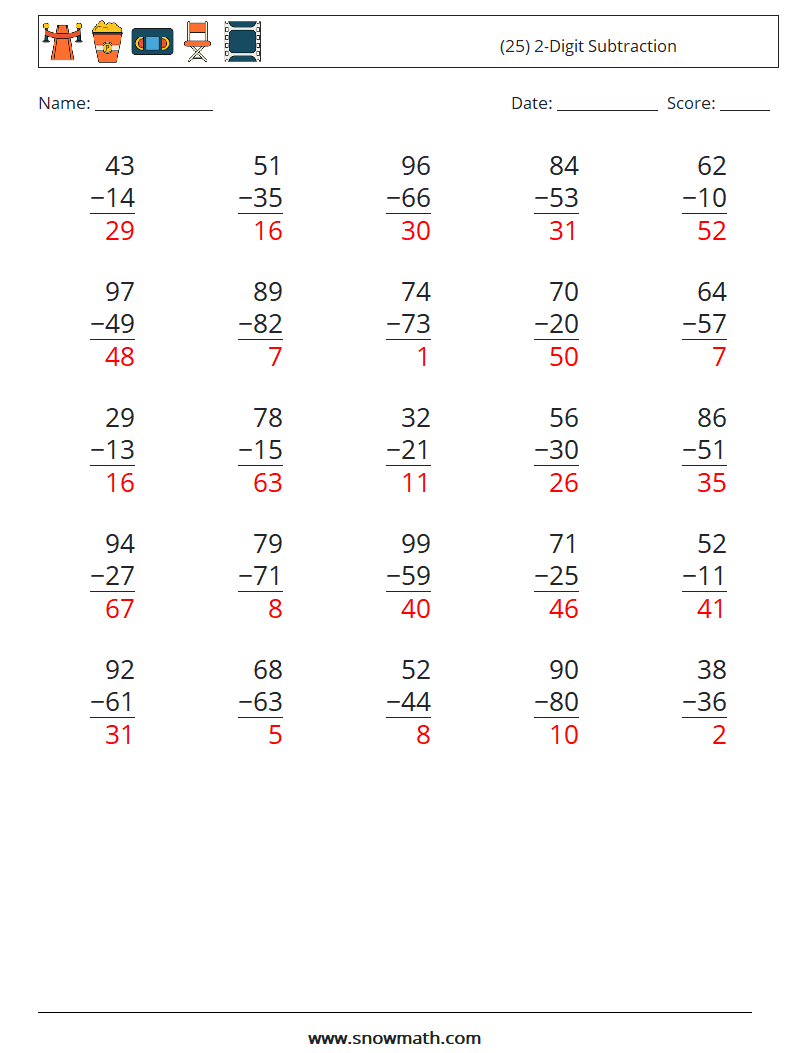 (25) 2-Digit Subtraction Math Worksheets 10 Question, Answer