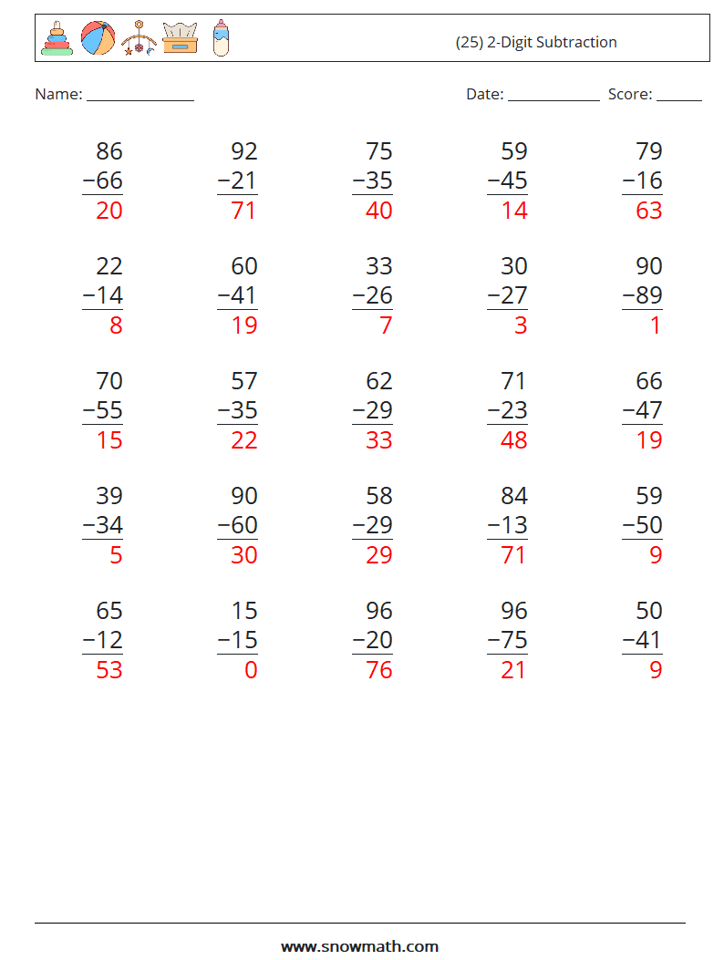 (25) 2-Digit Subtraction Math Worksheets 15 Question, Answer