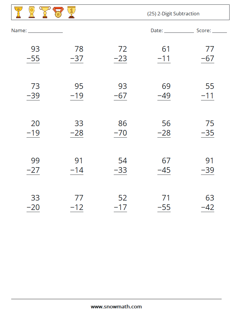 (25) 2-Digit Subtraction Math Worksheets 18