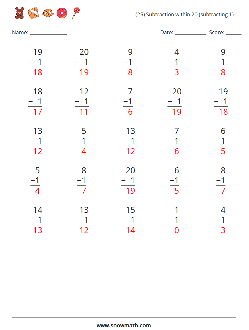 (25) Subtraction within 20 (subtracting 1) Math Worksheets 15 Question, Answer