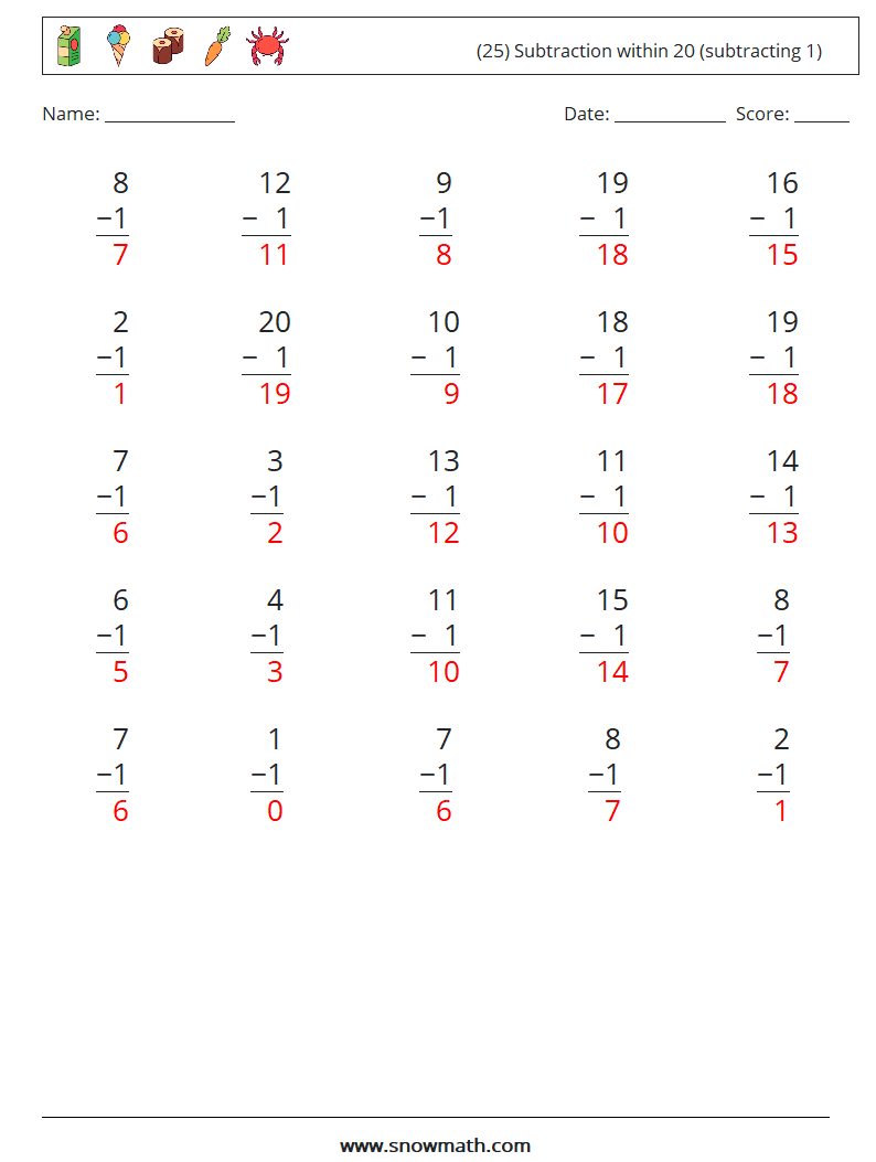 (25) Subtraction within 20 (subtracting 1) Math Worksheets 17 Question, Answer