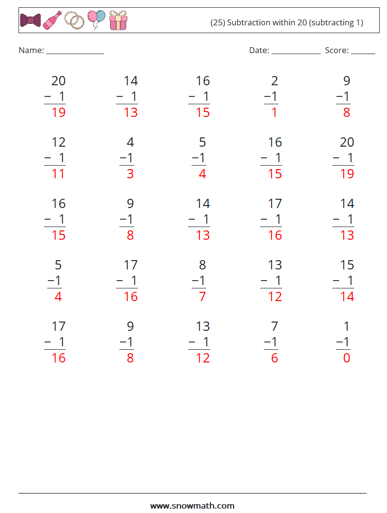 (25) Subtraction within 20 (subtracting 1) Math Worksheets 18 Question, Answer