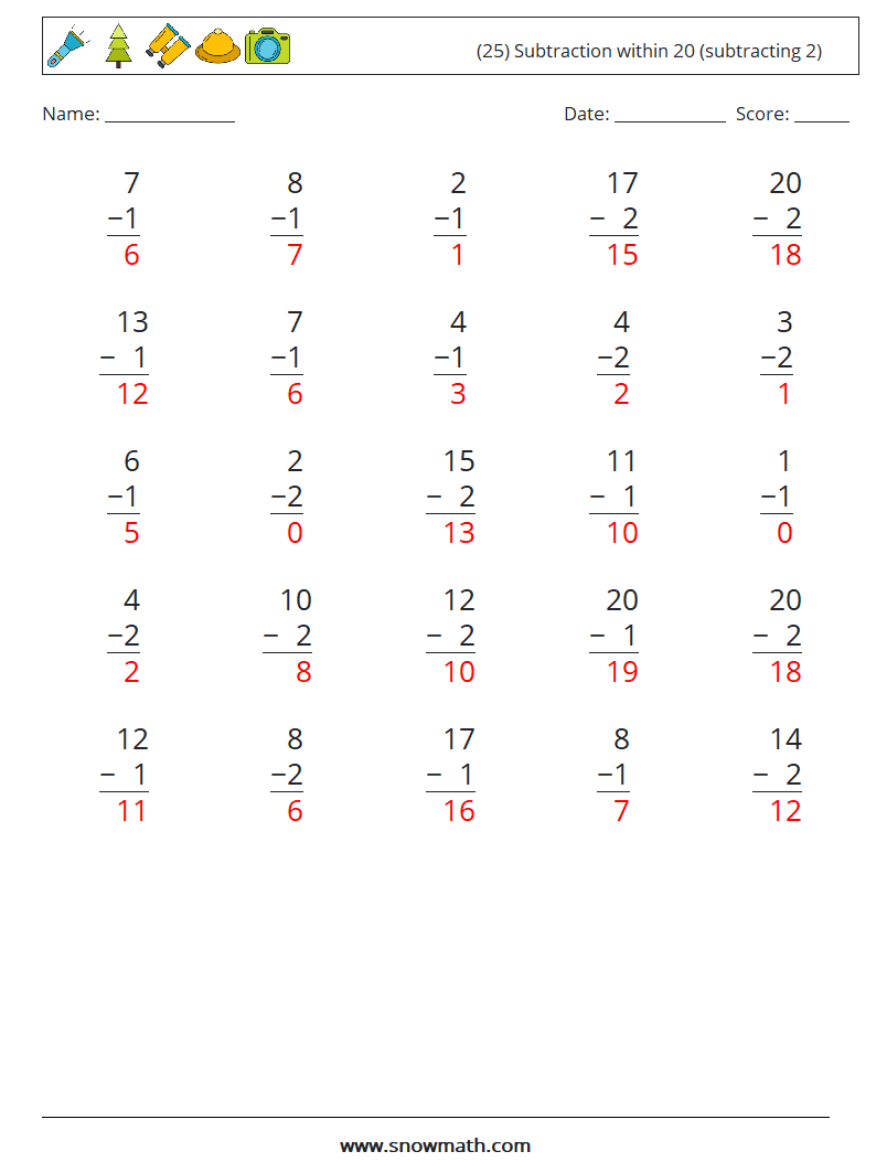 (25) Subtraction within 20 (subtracting 2) Math Worksheets 11 Question, Answer