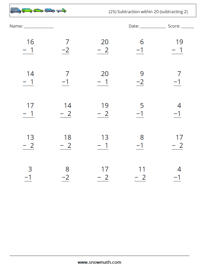 (25) Subtraction within 20 (subtracting 2) Math Worksheets 18