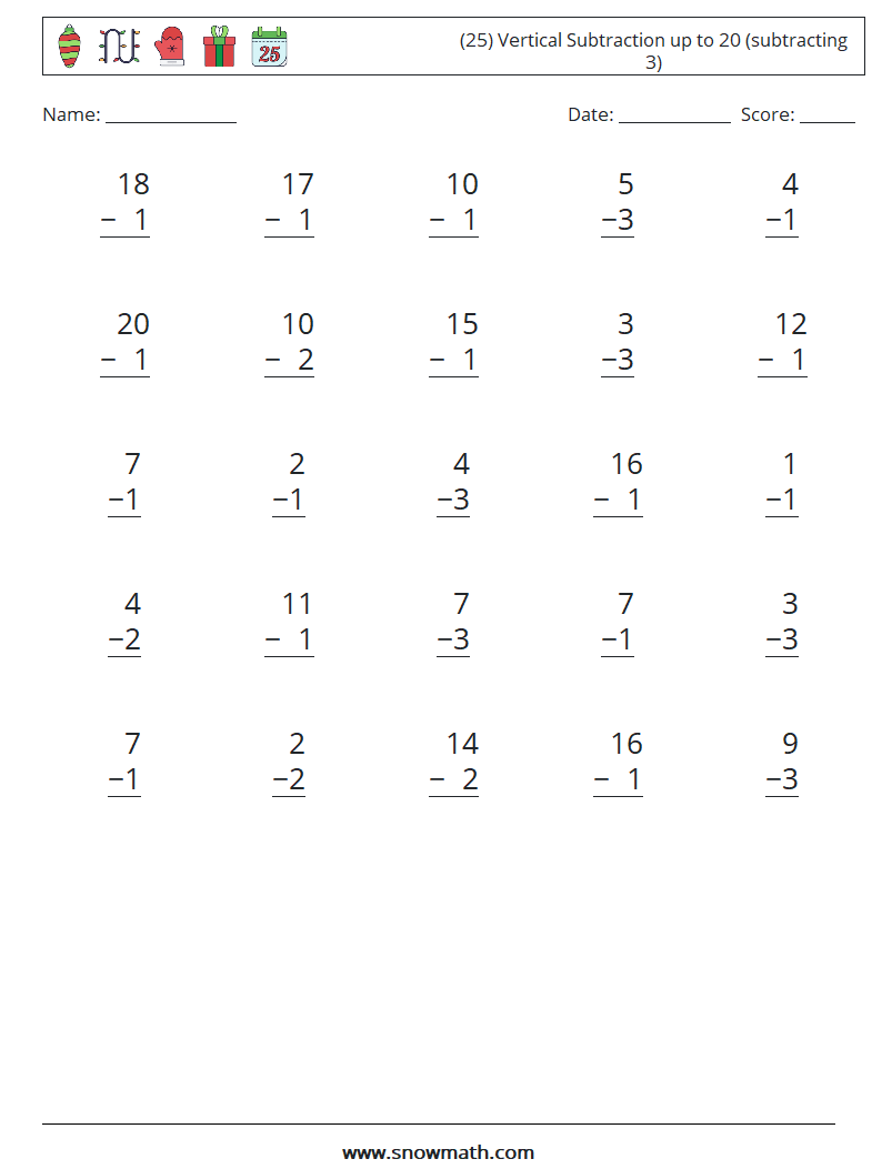 Canada (25) vertical subtraction up to 20 (subtracting 3) Math ...