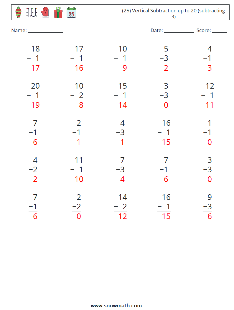 (25) Vertical Subtraction up to 20 (subtracting 3) Math Worksheets 10 Question, Answer