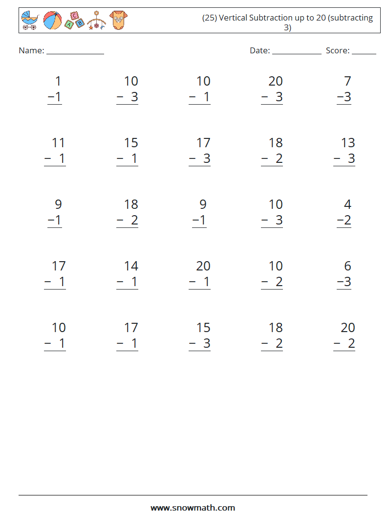 (25) Vertical Subtraction up to 20 (subtracting 3) Math Worksheets 11