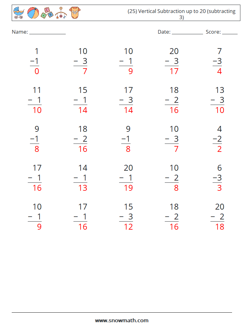 (25) Vertical Subtraction up to 20 (subtracting 3) Math Worksheets 11 Question, Answer