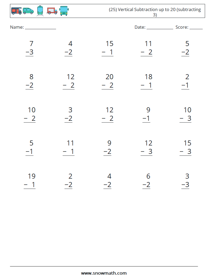 (25) Vertical Subtraction up to 20 (subtracting 3) Math Worksheets 12